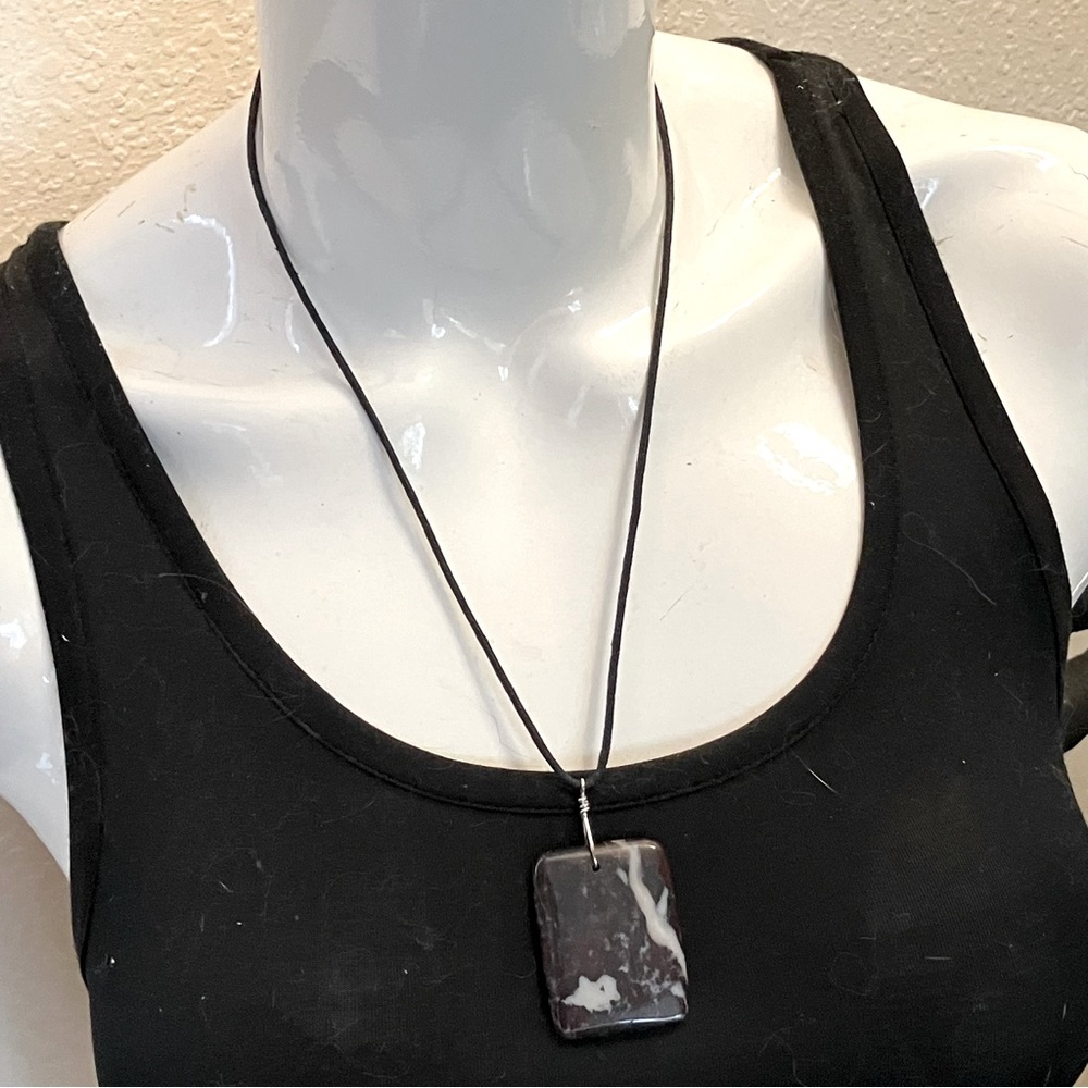 Rectangular Jasper Pendant Necklace on Black Cord – Vintage